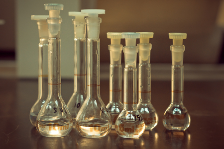 Science Laboratory glassware solution with liquidsの写真素材