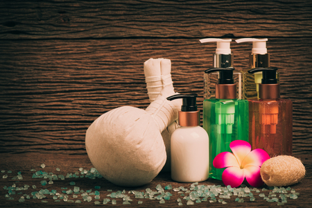 Spa Massage  body care product,shower,shampoo,lotion and blue sea saltの写真素材