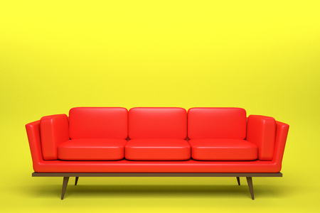 Red Leather sofa design in yellow background, 3D rendering illustration.の写真素材