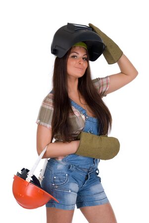 Young woman in black welder`s maskの写真素材
