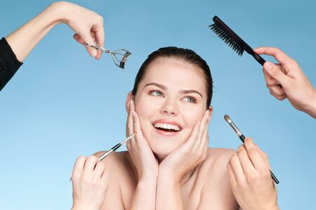 Closeup portrait of young beautiful girl with perfect skin. Complex make-upの写真素材