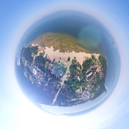 Aerial city view with crossroads, roads, houses, buildings, parks, parking lots, bridges - little...