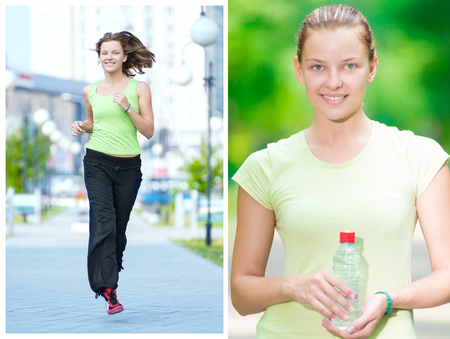 Running woman jogging in city street park at beautiful summer morning. Sport fitness model caucasian ethnicity training outdoor.の写真素材