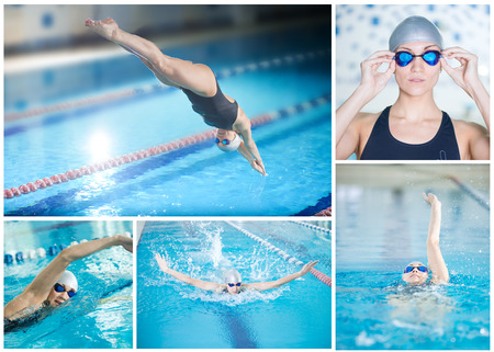 Collage of young sport woman swimming in the indoor poolの写真素材