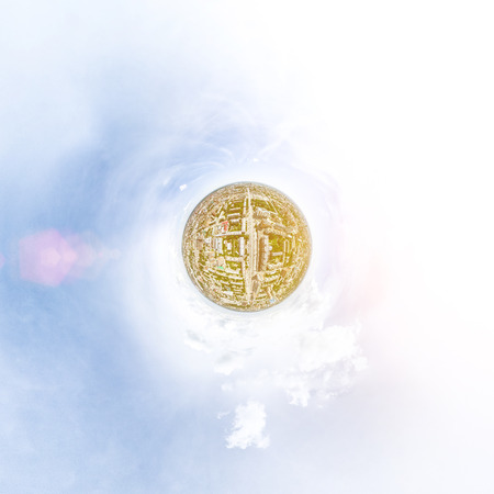 Aerial city view with crossroads and roads, houses, buildings, parks and parking lots, bridges. Helicopter drone shot. Wide Panoramic image.の写真素材