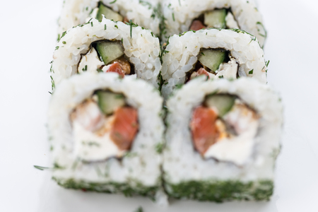 Japanese food restaurant, sushi maki gunkan roll plate or platter set. Sushi set and compositionの写真素材