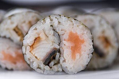 Japanese food restaurant, sushi maki gunkan roll plate or platter set. Sushi set and compositionの写真素材