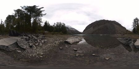 Mountain lake 360 vr at the summer or autumn time. Wild nature and rural mount valley. Green forest...