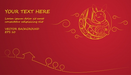 Chinese Mid Autumn Festival yellow moon and rabbit on red backgroundのイラスト素材