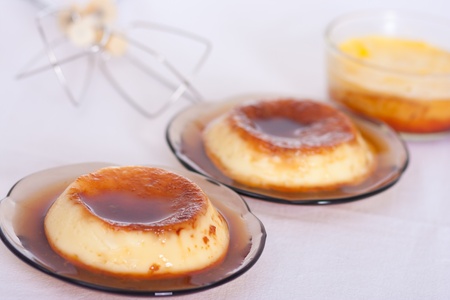 Flan: Sweet custard with a caramel topping. Pudding. Vanilla flavour. CrÃ¨me caramel, known as の写真素材
