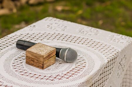 the microphone and box for wedding ruts on the tableの写真素材