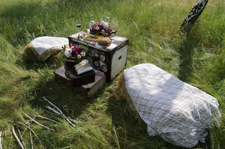 rustic decorative photo zone with suitcases, wine. cheeseの写真素材