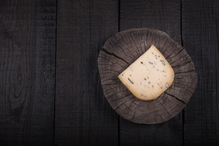 yellow cheese with seeds on a wooden end of a treeの写真素材
