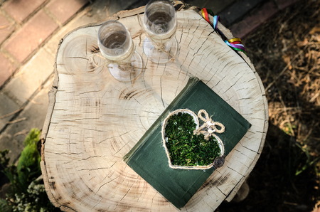 wedding ceremony in the woods among the trees on the green trackの写真素材