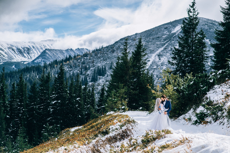 groom in a blue suit and bride in white, embroidered with blue pattern, dress on a background of green pine forests in the mountains of the Carpathiansの写真素材