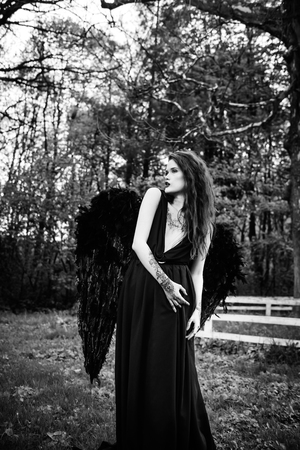 Fallen angel with black wings in the old forestの写真素材