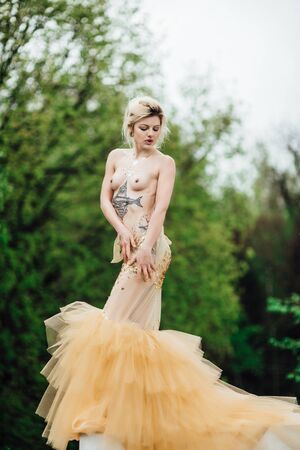 model girl dress gold angel posing in the woods near the old columnsの写真素材