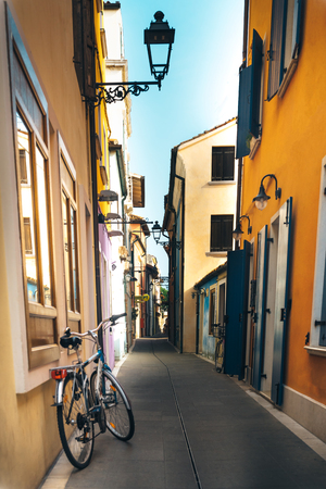 Tourist district of the old provincial town of Caorle in Italy on the Adriatic coastの写真素材