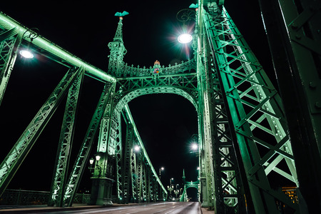 Old Iron Bridge at night in the light of streetlights across the Danube River in Budapest Hungaryの写真素材