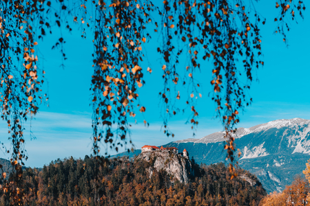 Lake Bled in the Alpine mountains in autumn under blue skyのeditorial素材