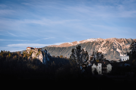 Lake Bled in the Alpine mountains in autumn under blue skyのeditorial素材