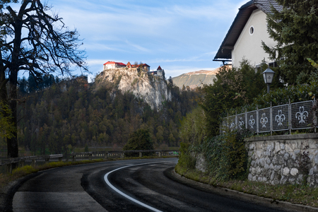 Lake Bled in the Alpine mountains in autumn under blue skyのeditorial素材