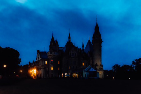 old Polish castle in the village of moszna in the night lightsのeditorial素材