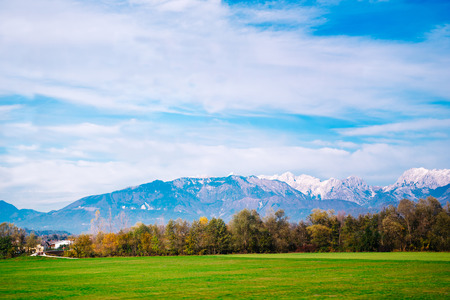 mountains of the Alps in Slovenia view from the busの写真素材