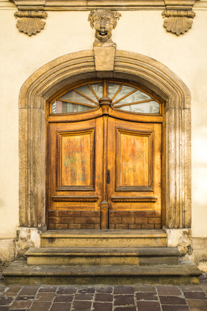 old vintage wooden with metal door of classical europeの写真素材