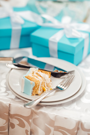 wedding cake with turquoise cakes in tiffany styleの写真素材
