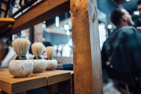 barbershop barber tools, shaving brush in bowlの写真素材