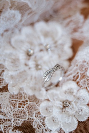 wedding rings with a wedding decorの写真素材