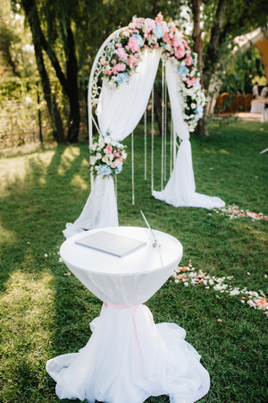 wedding ceremony area, arch chairs decorの写真素材
