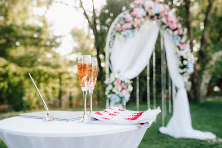 wedding ceremony area, arch chairs decorの写真素材