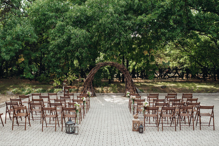 wedding ceremony area, arch chairs decorの写真素材
