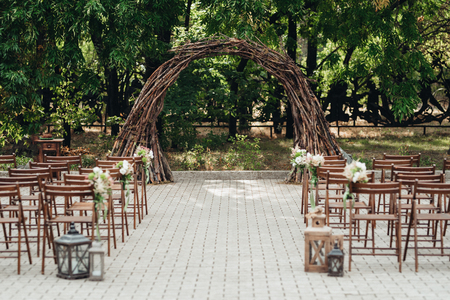 wedding ceremony area, arch chairs decorの写真素材