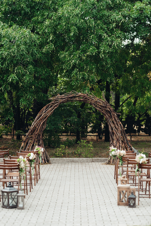 wedding ceremony area, arch chairs decorの写真素材