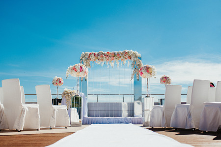 wedding ceremony area, arch chairs decorの写真素材