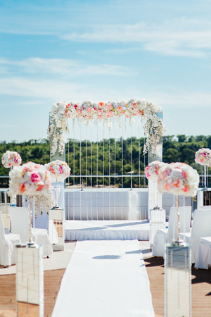 wedding ceremony area, arch chairs decorの写真素材