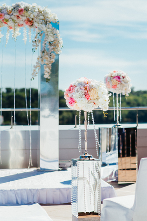 wedding ceremony area, arch chairs decorの写真素材