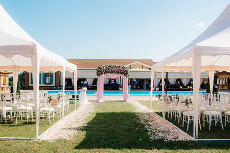 wedding ceremony area, arch chairs decorの写真素材