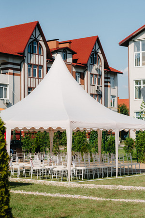 wedding ceremony area, arch chairs decorの写真素材