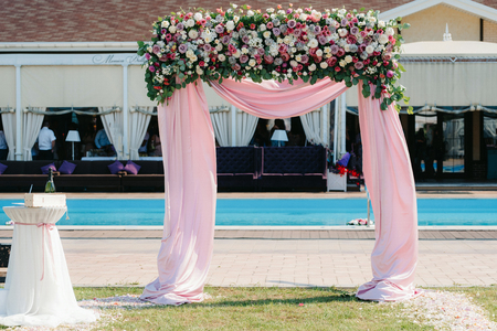 wedding ceremony area, arch chairs decorの写真素材