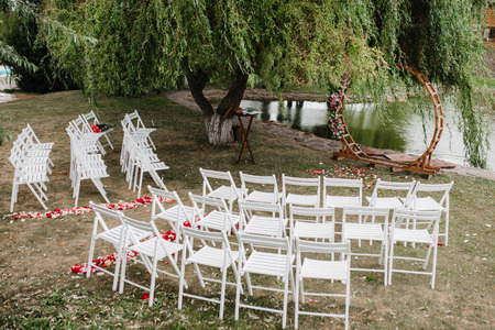 wedding ceremony area, arch chairs decorの写真素材