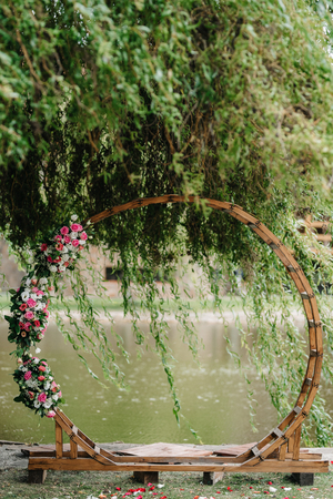 wedding ceremony area, arch chairs decorの写真素材