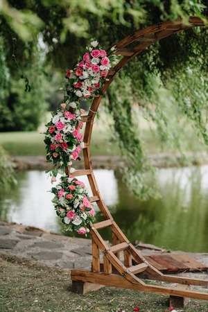 wedding ceremony area, arch chairs decorの写真素材