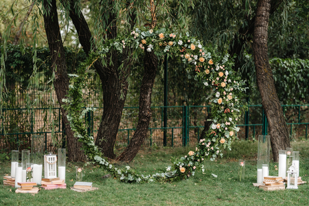 wedding ceremony area, arch chairs decorの写真素材