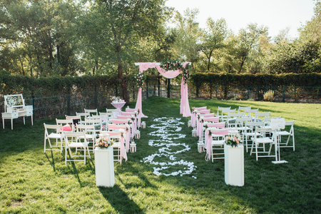 wedding ceremony area, arch chairs decorの写真素材