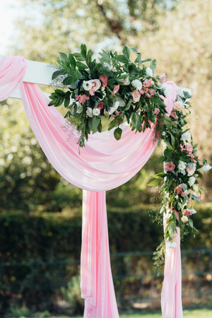 wedding ceremony area, arch chairs decorの写真素材