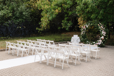 wedding ceremony area, arch chairs decorの写真素材